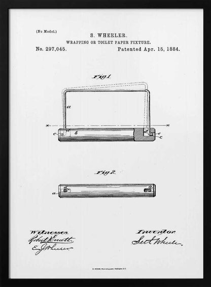 A framed black and white print of the 1884 patent for a 'Wrapping or Toilet Paper Fixture' by S. Wheeler. The document shows technical drawings (Fig. 1 and Fig. 2) of the invention, along with the patent number, date, and signatures of the inventor and witnesses. Artwork