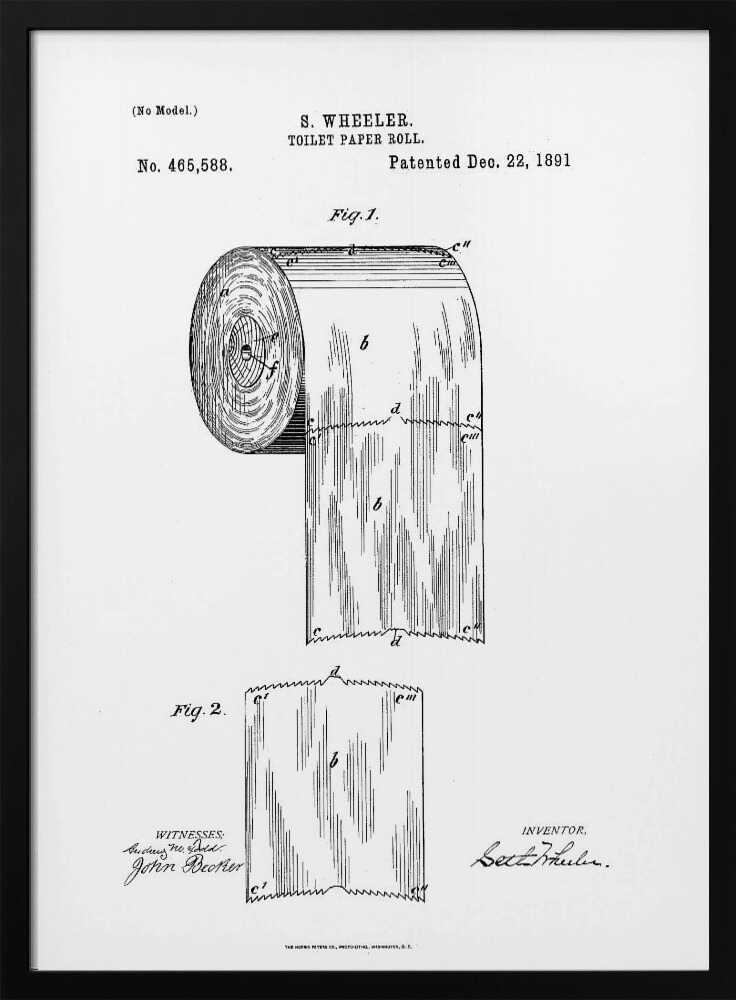 A framed black and white patent illustration for a toilet paper roll by S. Wheeler, dated December 22, 1891. The drawing includes two figures: Fig. 1 shows the full roll of paper, and Fig. 2 displays a single perforated sheet. The image has the characteristic look of a 19th-century patent document with technical drawings, labels, and signatures. Artwork