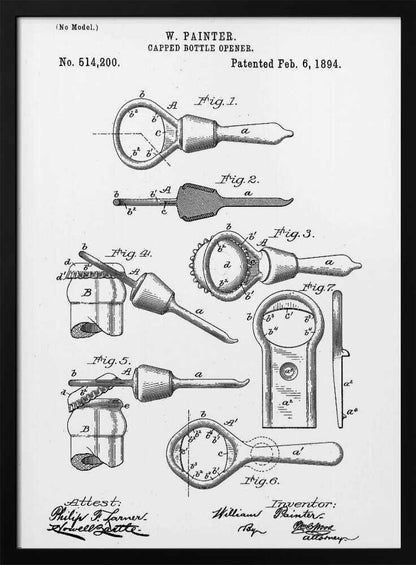 A framed black and white patent illustration for W. Painter's Capped Bottle Opener, dated February 6, 1894. The document shows multiple detailed figures of the invention from various angles and in use, with technical labels and signatures. Wall Art