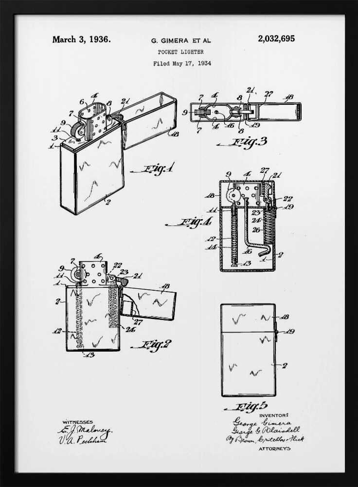 A framed black and white patent illustration for a pocket lighter, invented by G. Gimera et al. The document is dated March 3, 1936, and shows multiple detailed diagrams and cross-sections of the lighter's design and mechanics. Print