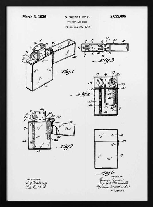 A framed black and white patent illustration for a pocket lighter, invented by G. Gimera et al. The document is dated March 3, 1936, and shows multiple detailed diagrams and cross-sections of the lighter's design and mechanics. Print
