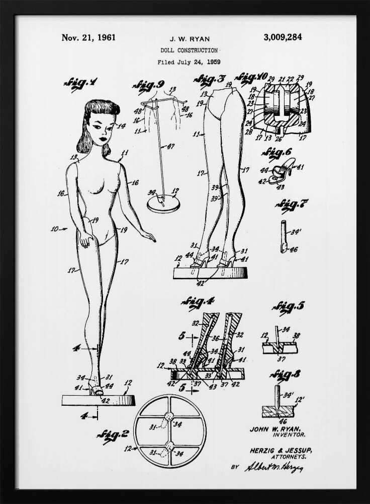 A framed black and white patent illustration for the original Barbie doll, dated November 21, 1961. The diagram, titled 'Doll Construction' by J. W. Ryan, shows various figures including a full view of the doll, cross-sections of its joints, and detailed drawings of its stand and shoes. Print