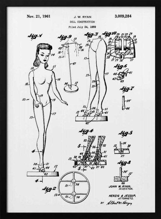 A framed black and white patent illustration for the original Barbie doll, dated November 21, 1961. The diagram, titled 'Doll Construction' by J. W. Ryan, shows various figures including a full view of the doll, cross-sections of its joints, and detailed drawings of its stand and shoes. Print