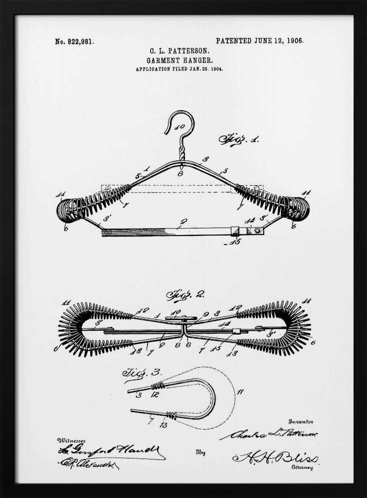 A framed black and white patent illustration for a garment hanger by C. L. Patterson, patented June 12, 1906. The drawing displays three figures detailing the hanger's mechanical design, with cursive signatures at the bottom. Wall Art