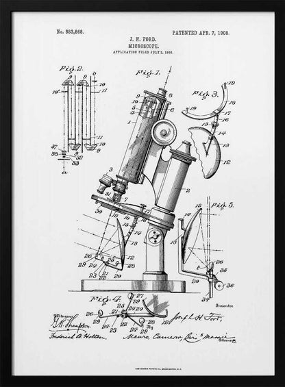 A framed black and white patent illustration for a microscope by J. H. Ford, dated 1908. The document features detailed technical drawings of the microscope and its components, labeled with numbers, against a white background. Poster