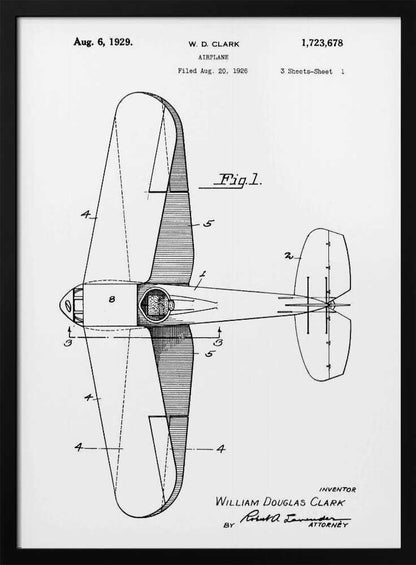 A framed black and white patent illustration for an airplane, dated August 6, 1929. The image shows a top-down schematic view of the aircraft, labeled as 'Fig. 1', with various parts numbered. Text at the top identifies the inventor W. D. Clark and the patent number. At the bottom, the inventor's full name and attorney's signature are visible. Print