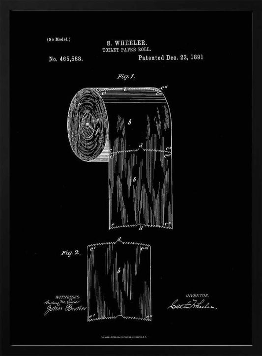 A framed black and white patent illustration for S. Wheeler's toilet paper roll, patented December 22, 1891. The technical drawing is on a black background and shows a full roll and a single perforated sheet, complete with text, figures, and signatures. Poster