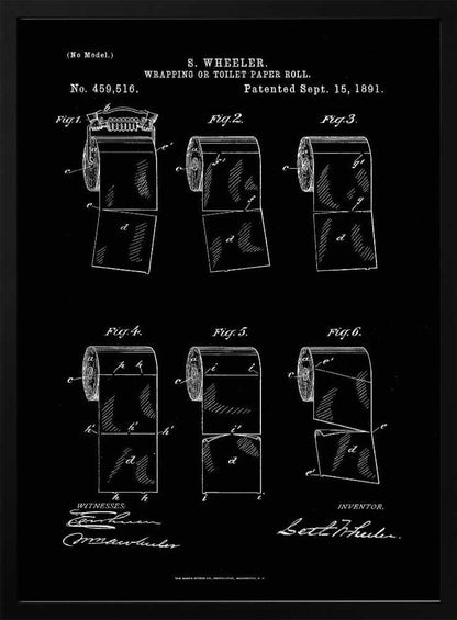A vintage patent illustration for S. Wheeler's 'Wrapping or Toilet Paper Roll', dated September 15, 1891. The image is a white-on-black blueprint-style drawing showing six different figures of a toilet paper roll, detailing its perforated design. The patent number, title, inventor's name, and signatures are included in the design. Print