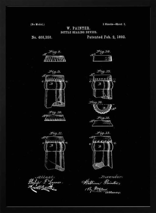 A framed black and white patent illustration for W. Painter's 'Bottle Sealing Device,' patented February 2, 1892. The technical drawing shows various figures of the bottle cap and bottle neck design, with text and signatures on a black background. Poster
