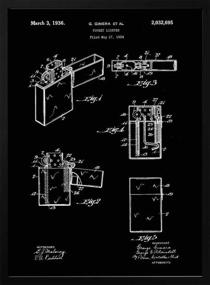 A framed black and white patent illustration for a pocket lighter, dated March 3, 1936. The technical blueprint shows various figures and cross-sections of the lighter's design and mechanics against a black background. Artwork