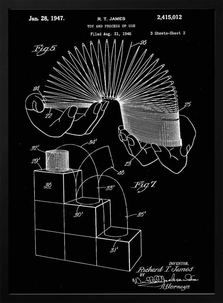 A framed black and white patent illustration for the Slinky toy, invented by R. T. James, dated January 28, 1947. The technical drawing shows hands holding the stretched coil and a diagram of the toy walking down stairs. Decor