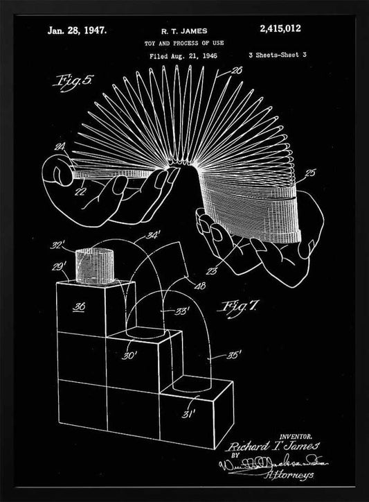 A framed black and white patent illustration for the Slinky toy, invented by R. T. James, dated January 28, 1947. The technical drawing shows hands holding the stretched coil and a diagram of the toy walking down stairs. Decor