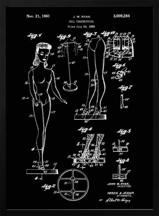 A framed vintage patent illustration for a 'Doll Construction' by J.W. Ryan, dated November 21, 1961. The design, shown in white lines on a black background, features a full figure of a female doll resembling Barbie, alongside detailed diagrams of her joints, stand, and shoes. Wall Art
