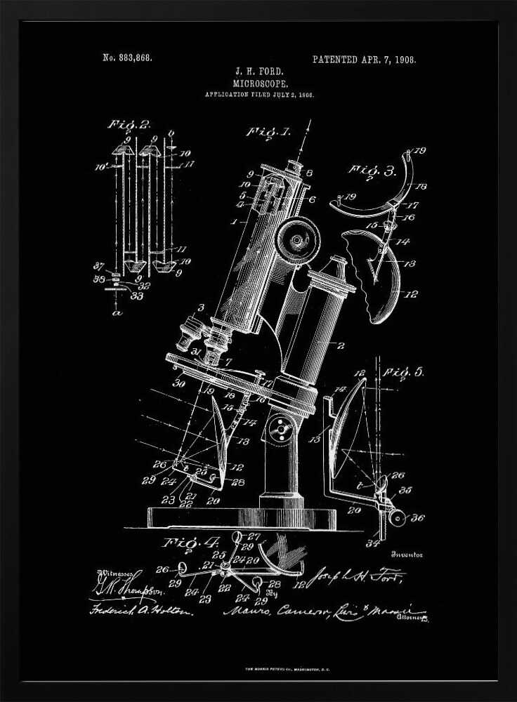 A framed black and white patent illustration for a microscope, designed by J. H. Ford and patented on April 7, 1908. The detailed diagrams show various components and views of the scientific instrument against a black background. Wall Art