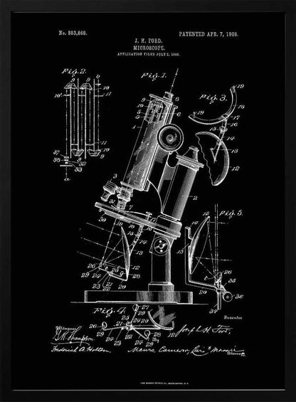 A framed black and white patent illustration for a microscope, designed by J. H. Ford and patented on April 7, 1908. The detailed diagrams show various components and views of the scientific instrument against a black background. Wall Art