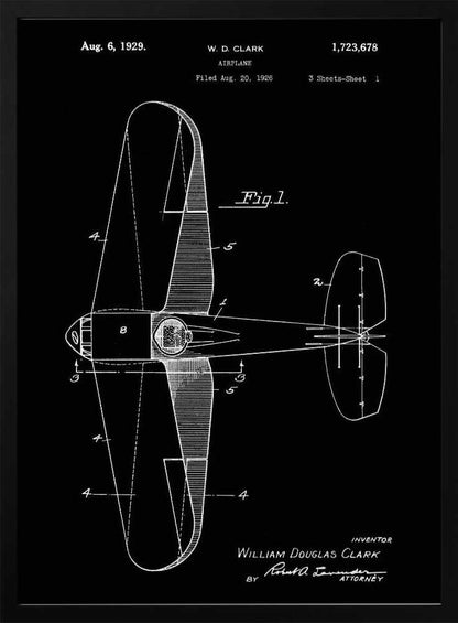 A vintage patent illustration for an airplane by W.D. Clark, dated August 6, 1929. The image is a white-on-black blueprint-style schematic showing a top-down view of the aircraft, complete with technical labels and signatures within a black frame. Artwork