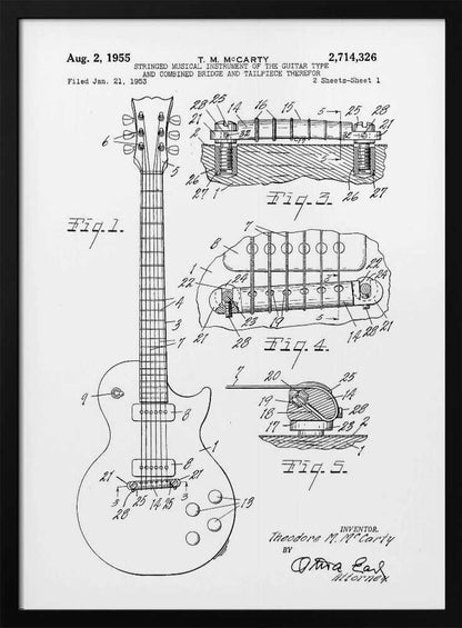A framed black and white patent illustration for a stringed musical instrument, specifically an electric guitar, filed in 1953 by T. M. McCarty. The poster displays detailed schematic drawings of the guitar's body, neck, and close-ups of the combined bridge and tailpiece. Artwork