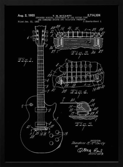 A framed vintage patent illustration of an electric guitar from 1955, depicted in a white-on-black blueprint style. The poster shows a full view of the guitar and detailed cross-sections of its bridge and tailpiece, complete with labels and reference numbers. Poster