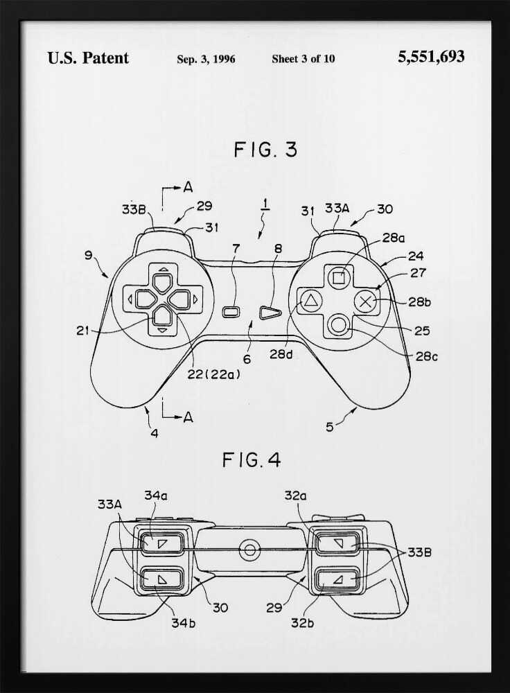 A framed black and white patent illustration for the original Sony PlayStation controller, dated September 3, 1996. The poster shows two figures, FIG. 3 and FIG. 4, detailing the design with numbered parts, including the directional pad and action buttons. Artwork