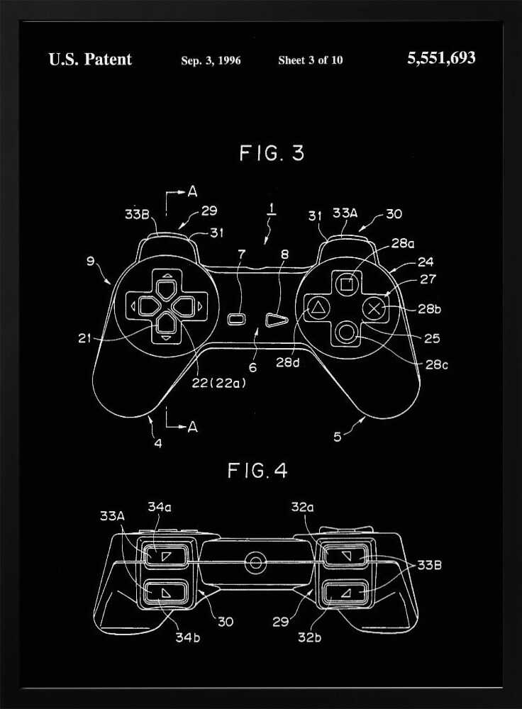 A framed patent illustration of a video game controller, presented in a blueprint style with white lines on a black background. The patent is dated September 3, 1996, and shows detailed diagrams of the controller from a top-down and front view, complete with labels and reference numbers. Wall Art