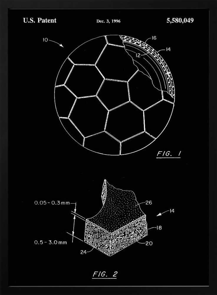 A framed black and white U.S. patent illustration for a soccer ball from December 3, 1996. The image displays two figures: FIG. 1 shows a soccer ball with a cutaway section revealing its inner layers, and FIG. 2 is a magnified cross-section of the ball's material with measurements. Artwork
