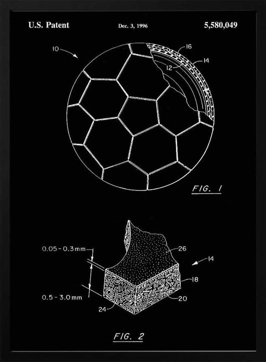 A framed black and white U.S. patent illustration for a soccer ball from December 3, 1996. The image displays two figures: FIG. 1 shows a soccer ball with a cutaway section revealing its inner layers, and FIG. 2 is a magnified cross-section of the ball's material with measurements. Artwork