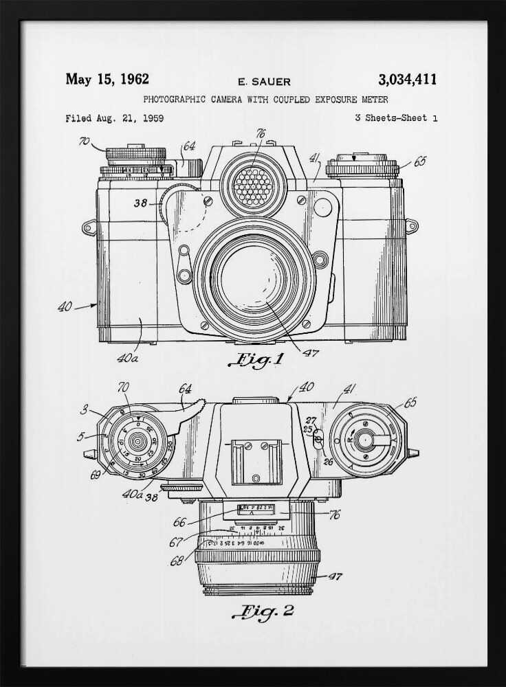 A framed black and white patent illustration of a vintage camera from 1962. It shows two detailed technical drawings, a front view and a top-down view, with numbered parts. Text at the top reads 'May 15, 1962', 'E. SAUER', and the patent number '3,034,411'. Wall Art