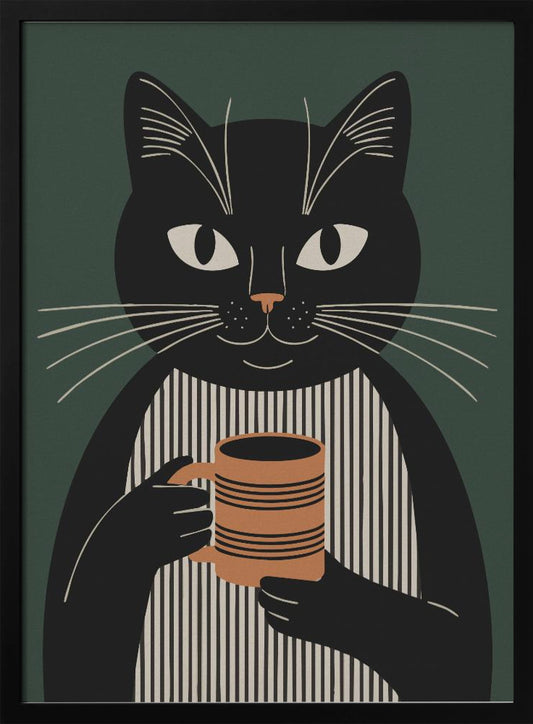 A modern graphic illustration of a black cat wearing a black and beige vertically striped shirt. The cat is holding a brown striped mug with both paws against a dark green background. Wall Art