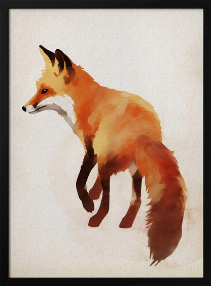 A framed watercolor painting of a red fox. The fox is shown in profile, walking to the left, with its body rendered in blended shades of orange, yellow, and dark brown. It stands against a textured, off-white background. Poster