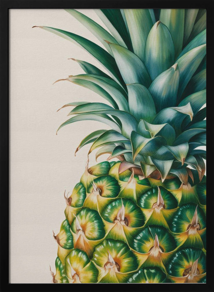 A detailed, realistic painting of the top half of a pineapple against a light cream background, framed in black. The focus is on the vibrant green crown and the geometric pattern of the fruit's skin in shades of green and yellow. Decor