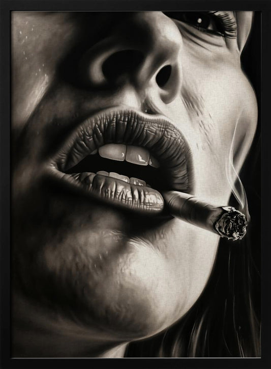 A hyper-realistic, black and white close-up portrait of a woman smoking a cigar. The low-angle shot focuses on her full, textured lips holding the lit cigar, with smoke gently rising. The high-contrast lighting accentuates the details of her skin and mouth. Print