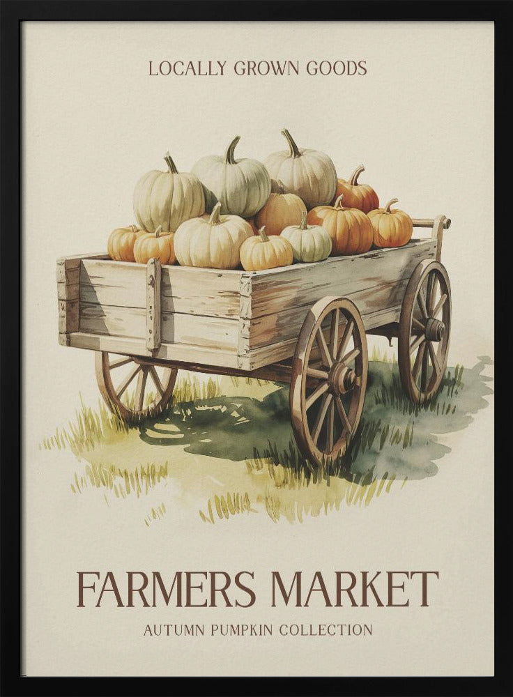 A vintage-style watercolor poster of a rustic wooden wagon filled with an assortment of orange, white, and pale green pumpkins. The poster has text that reads 'Locally Grown Goods' at the top and 'Farmers Market, Autumn Pumpkin Collection' at the bottom, all within a thin black frame. Artwork