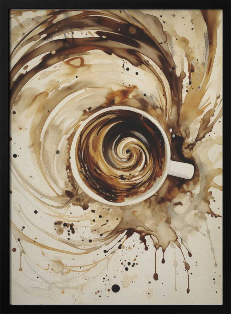 An abstract watercolor painting of a cup of coffee viewed from above. The coffee inside the white mug swirls in a mesmerizing spiral of brown and cream tones. This swirling motion explodes outwards from the cup, creating dynamic splashes and splatters of coffee-colored paint across the light beige background. The artwork is enclosed in a simple black frame. Print