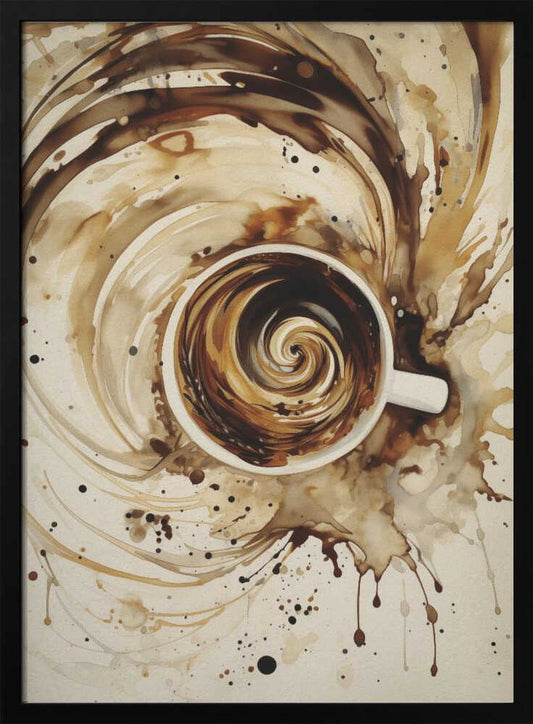 An abstract watercolor painting of a cup of coffee viewed from above. The coffee inside the white mug swirls in a mesmerizing spiral of brown and cream tones. This swirling motion explodes outwards from the cup, creating dynamic splashes and splatters of coffee-colored paint across the light beige background. The artwork is enclosed in a simple black frame. Print