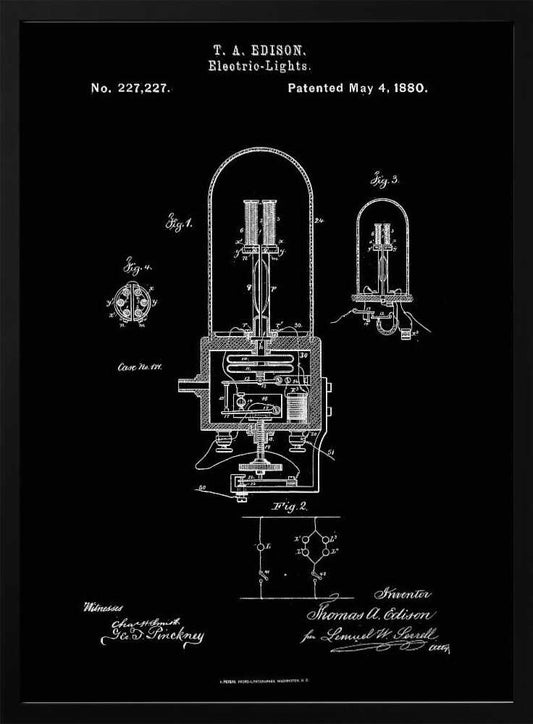 A framed black poster displaying Thomas A. Edison's patent for Electric-Lights, No. 227,227, dated May 4, 1880. The poster features white line drawings of the light bulb's components and circuitry, resembling a vintage blueprint. Wall Art
