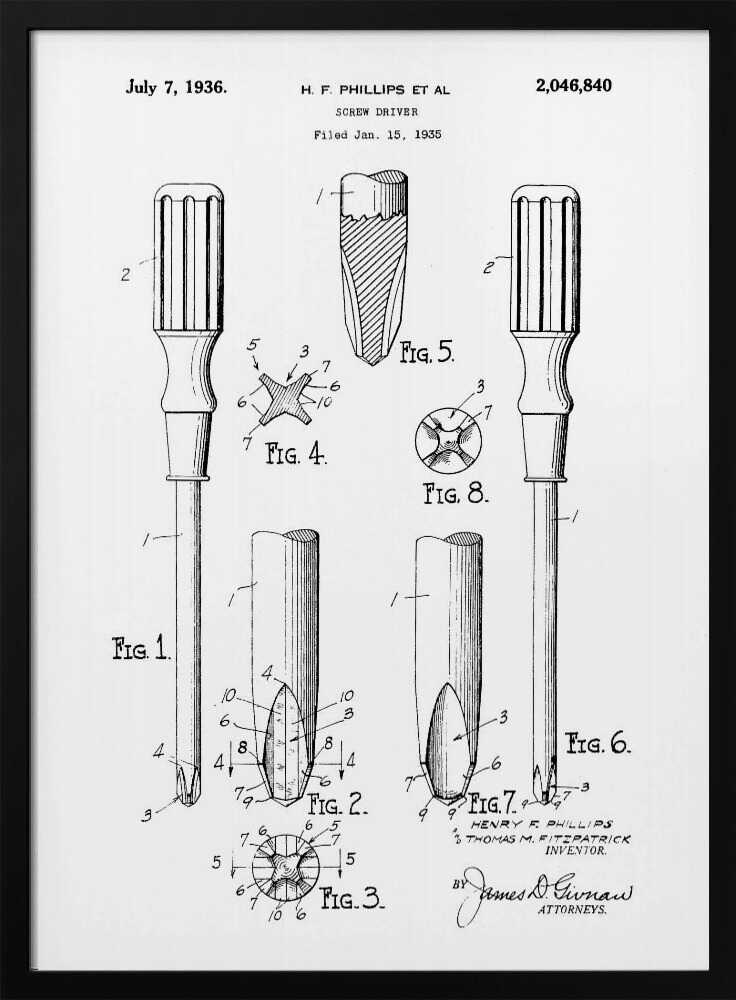 A framed black and white patent illustration for a Phillips head screwdriver, dated July 7, 1936. The diagram shows multiple figures detailing the tool's design, including a full view and close-ups of its distinctive cross-shaped tip. Print