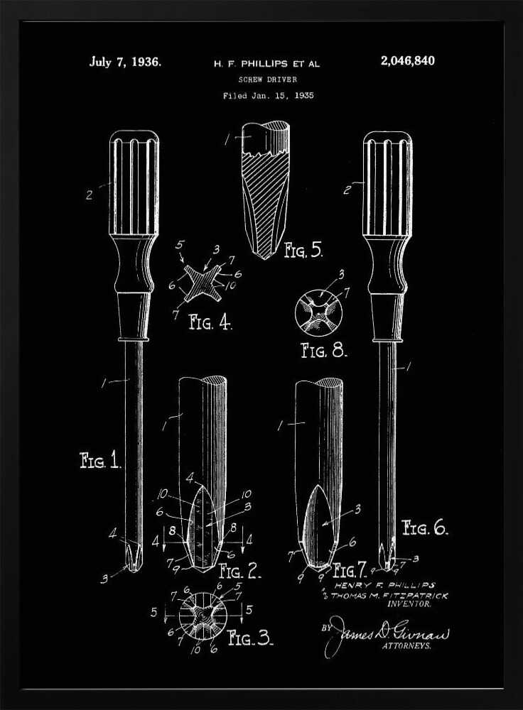 A framed black and white patent illustration for a screwdriver, dated July 7, 1936. The technical drawing, credited to H.F. Phillips, shows various figures detailing the components of a Phillips head screwdriver against a black background. Artwork