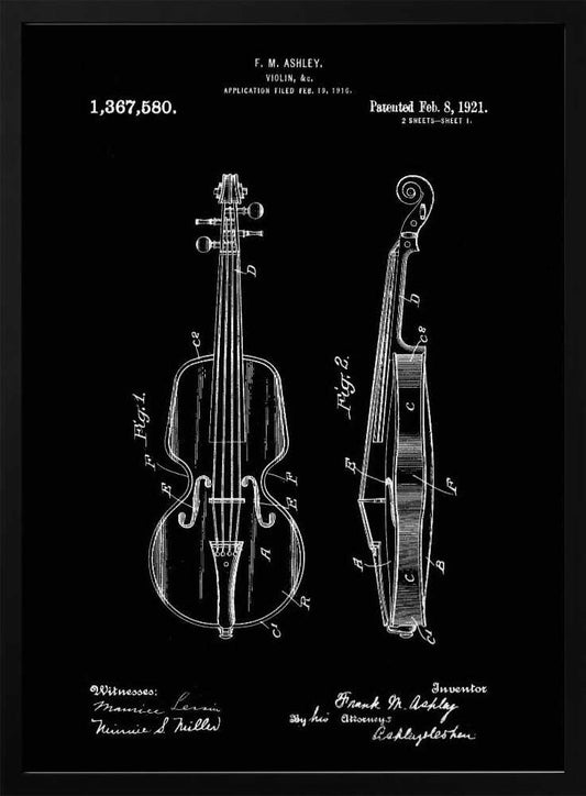 A black and white patent illustration for a violin, dated 1921. The artwork, set against a black background, shows two detailed diagrams: a front view and a side view of the violin, complete with labels and technical drawings. Text at the top and bottom includes the inventor's name, patent number, and dates. Poster