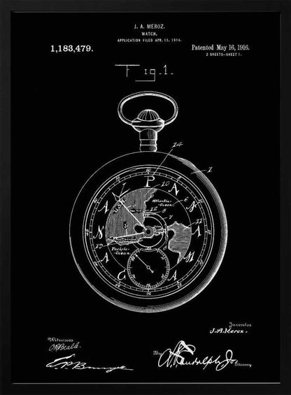 A vintage patent illustration for a watch by J. A. Meroz, patented in 1916. The image is a white line drawing on a black background, framed in black, depicting a detailed pocket watch. The watch face shows a map of the world, and the poster includes the patent number, dates, and signatures. Print
