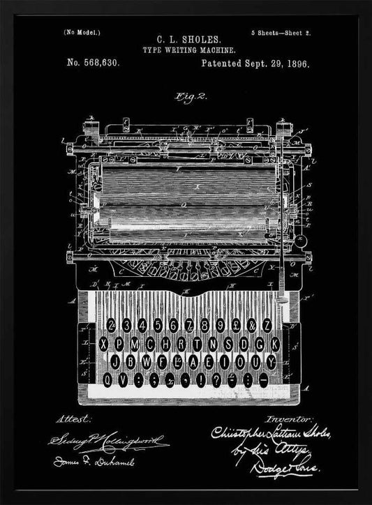 A vintage patent illustration of C. L. Sholes's Type Writing Machine, dated 1896. The detailed schematic is rendered in white lines on a black background, showing the intricate inner workings and keyboard of an early typewriter, framed in black. Print