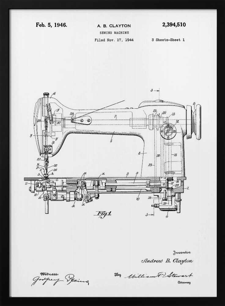 A framed, black and white patent illustration of a sewing machine, dated February 5, 1946. The technical drawing shows a detailed side-view and cross-section of the machine, with various parts numbered. Text at the top identifies the inventor, A. B. Clayton, the patent number 2,394,510, and the filing date. Signatures of the inventor and witnesses are visible at the bottom. Artwork