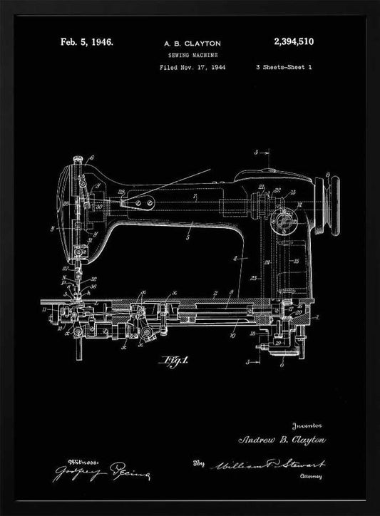A vintage patent illustration of a sewing machine from 1946, presented as a white line drawing on a black background. The detailed schematic shows the side view of the machine with all its mechanical components labeled. Text at the top indicates the patent number, inventor A. B. Clayton, and filing dates. Signatures are visible at the bottom. The entire print is framed in black. Print