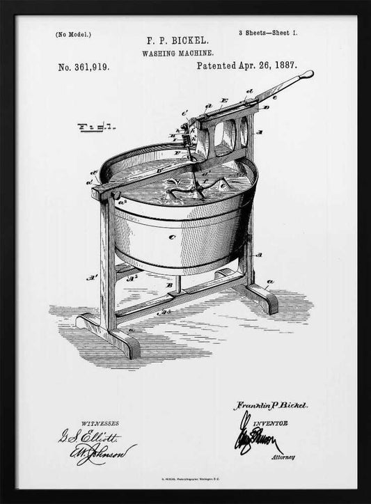 A framed black and white patent illustration for F. P. Bickel's washing machine, patented April 26, 1887. The detailed technical drawing shows an early manual washing machine with a tub on a stand and a hand-cranked agitator. Decor