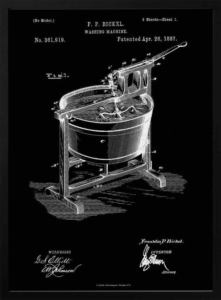 A framed, black and white patent illustration for a washing machine, invented by F. P. Bickel and patented on April 26, 1887. The technical drawing shows a tub on a stand with a hand-cranked agitator mechanism, rendered in white lines on a black background. Print