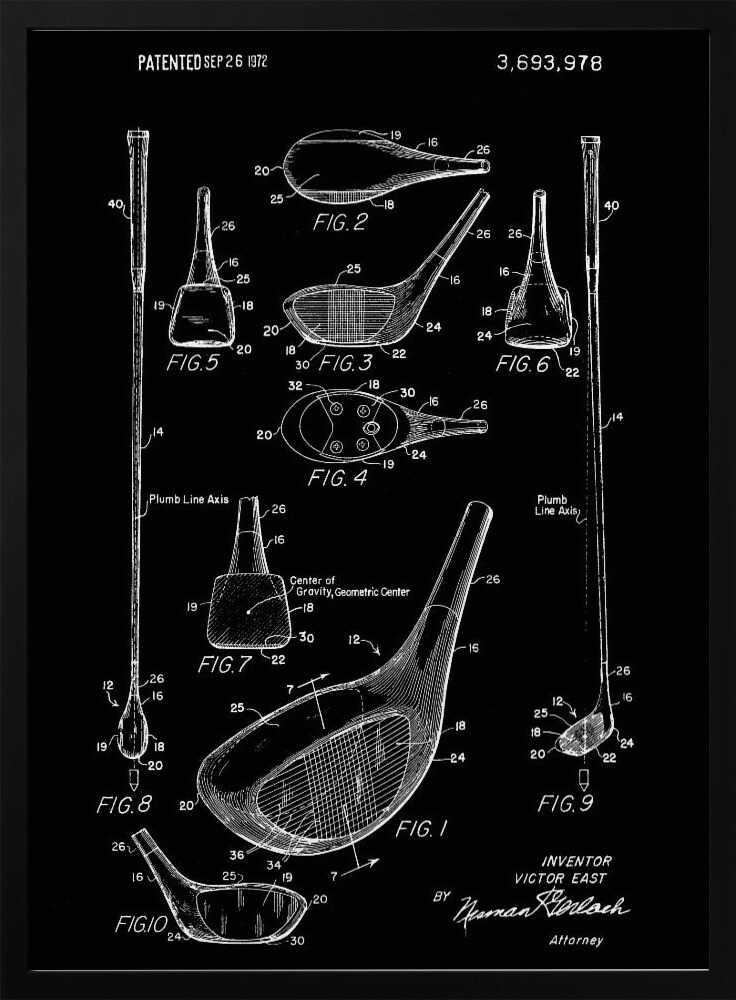A framed black and white patent illustration of a golf club, dated 1972. The poster displays multiple technical drawings of the club head and shaft from various angles, labeled with figure numbers and part identifiers against a black background. Artwork