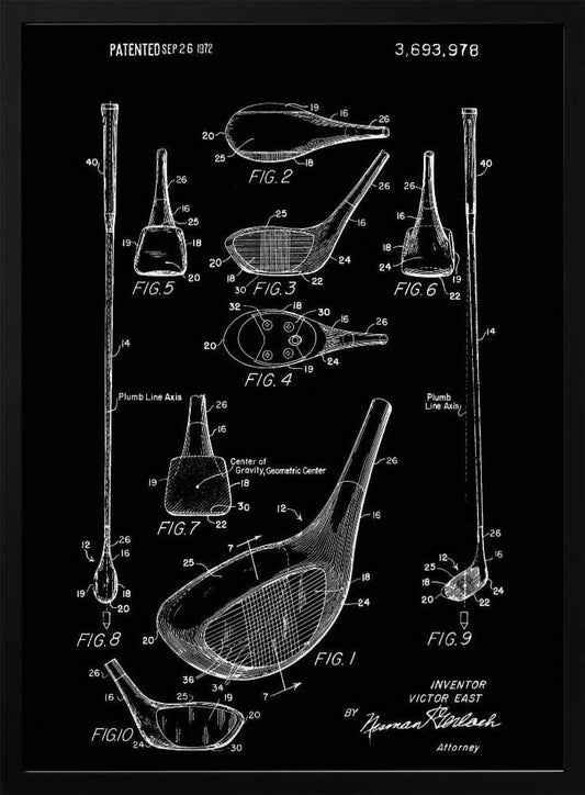 A framed black and white patent illustration of a golf club, dated 1972. The poster displays multiple technical drawings of the club head and shaft from various angles, labeled with figure numbers and part identifiers against a black background. Artwork