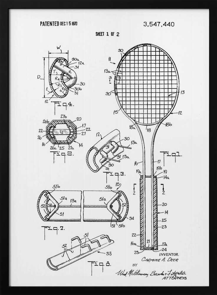 A framed black and white patent illustration for a tennis racket from 1970. The image displays multiple technical drawings and diagrams, including a full view of the racket and several cross-sections detailing its construction. Print