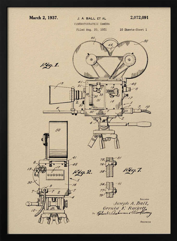 A framed print of a vintage patent diagram for a cinematographic camera, dated March 2, 1937. The technical drawing is in black ink on a beige background, showing multiple views and components of an old movie camera on a tripod. Artwork