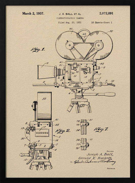 A framed print of a vintage patent diagram for a cinematographic camera, dated March 2, 1937. The technical drawing is in black ink on a beige background, showing multiple views and components of an old movie camera on a tripod. Artwork