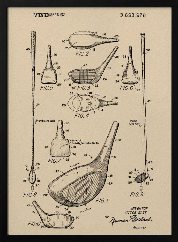 A framed vintage patent illustration for a golf club, dated September 26, 1972. The drawing, on beige paper, shows multiple detailed figures of the club's design from various angles, complete with reference numbers and labels like 'Plumb Line Axis'. Print